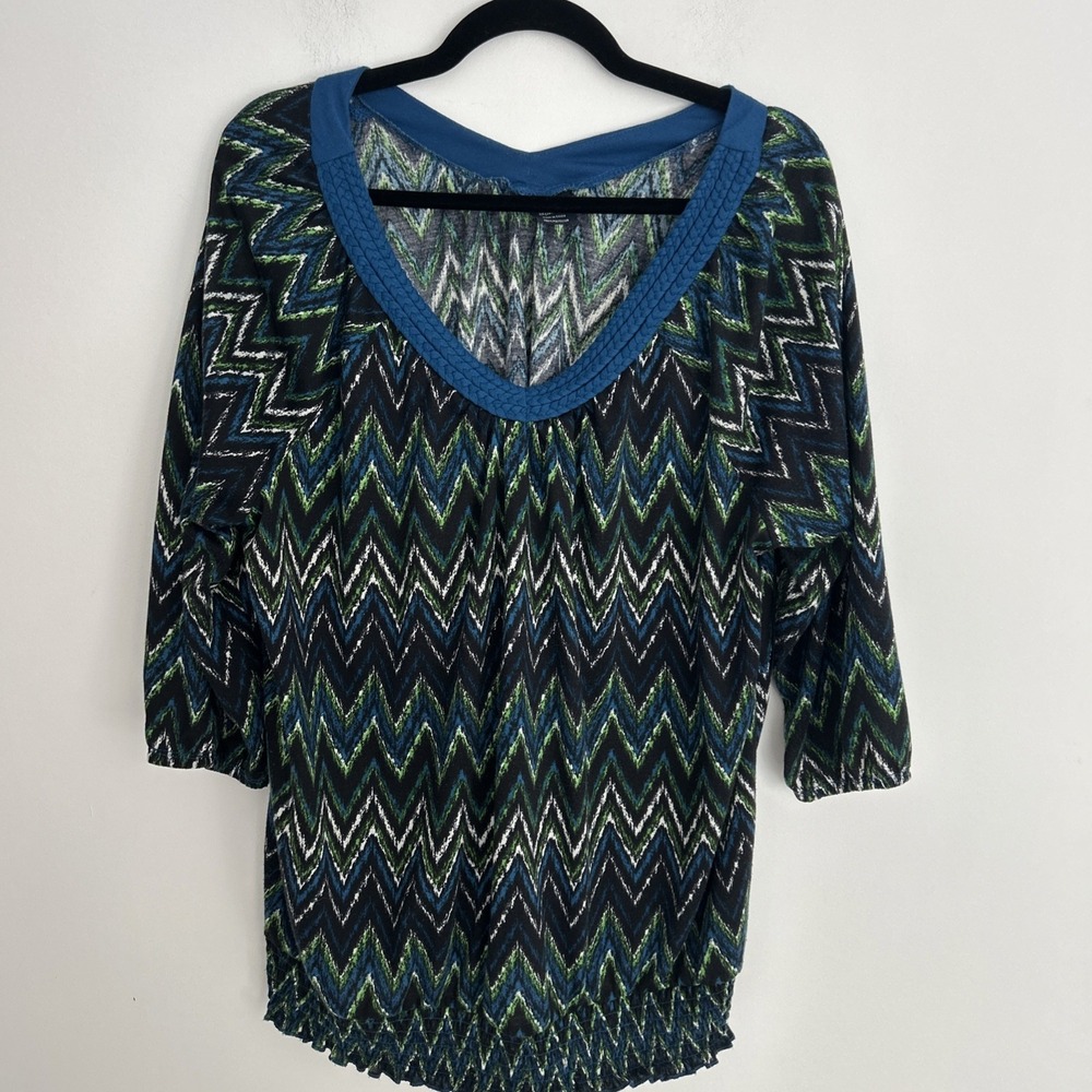 Faded Glory Women's 2X (18w-20w) Braided Neck Line 3/4 Sleeve Elastic Waist Blue